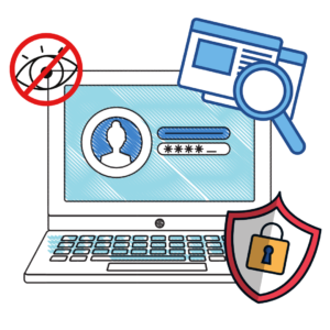 Graphical image depicting an open laptop computer and three security related icons superimposed over it