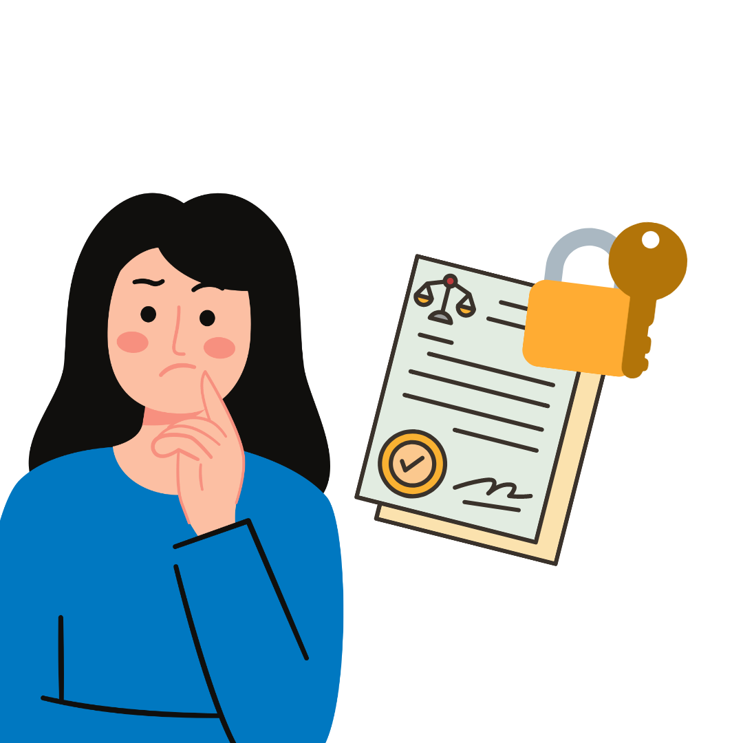 A graphical image depicting a woman who is holding the index finger up to the side of her mouth in a pondering manner and icons of a legal document and lock and key appear to the side of her