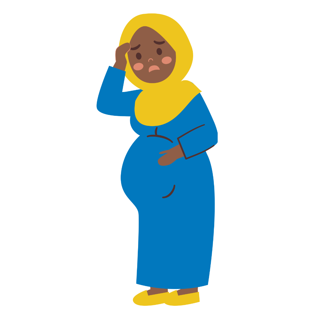 A graphical image depicting of a pregnant woman standing and holding on hand to her brow in a worried manner