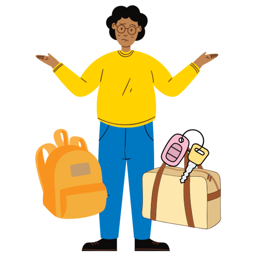 Graphic depicting a woman standing with her out to her sides, palms turned up in a questioning manner and a backpack, suitcase, and set of keys near her feet