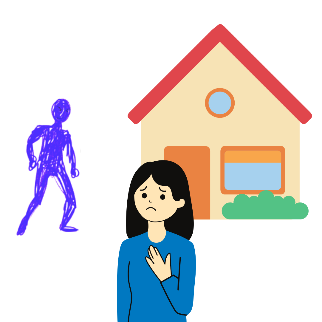 A graphical image depicting a woman standing in front of a house with one hand help to her chest and a worried expression while a crudely drawn man coloured all in blue lurks in the background