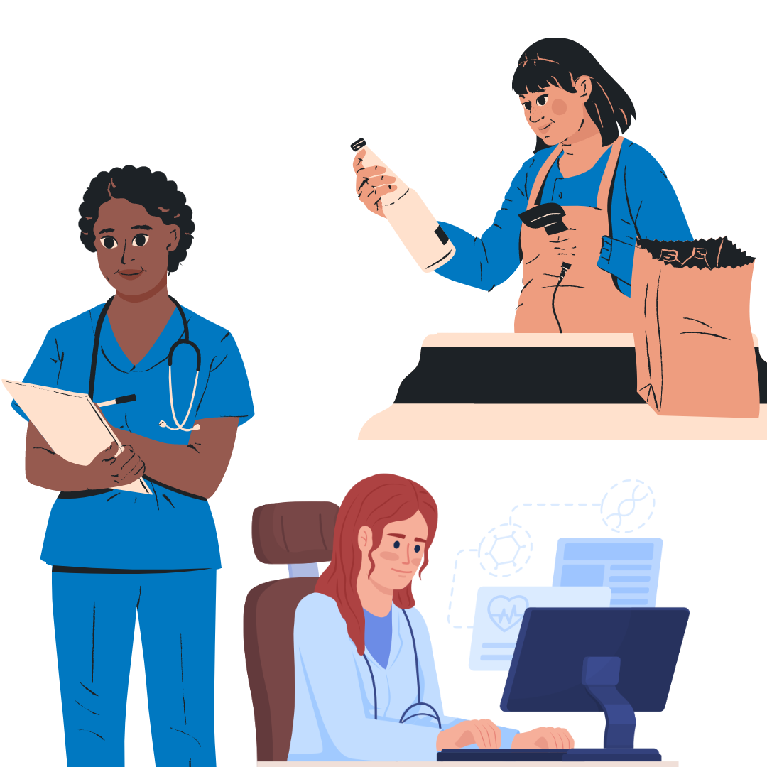 A graphical image depicting three different woman in different work environments. One appears to be a grocery store cashier scanning items. Another is a medical professional with a stethoscope around her neck writing on a clipboard. And the third woman is seated in front of a computer at a desk. 