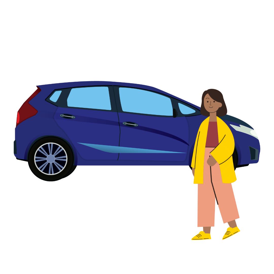 A graphical image depicting a woman standing in front of blue 4 door hatchback style car