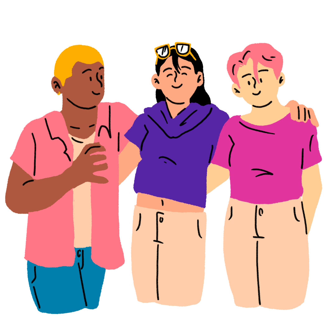 Graphic depicting three people, one male and two female standing arm in arm