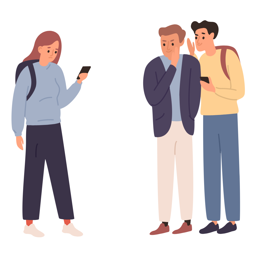Graphic depicting three people all standing - one is a female looking at her mobile phone and two males looking at her, one whispering into the other male's ear