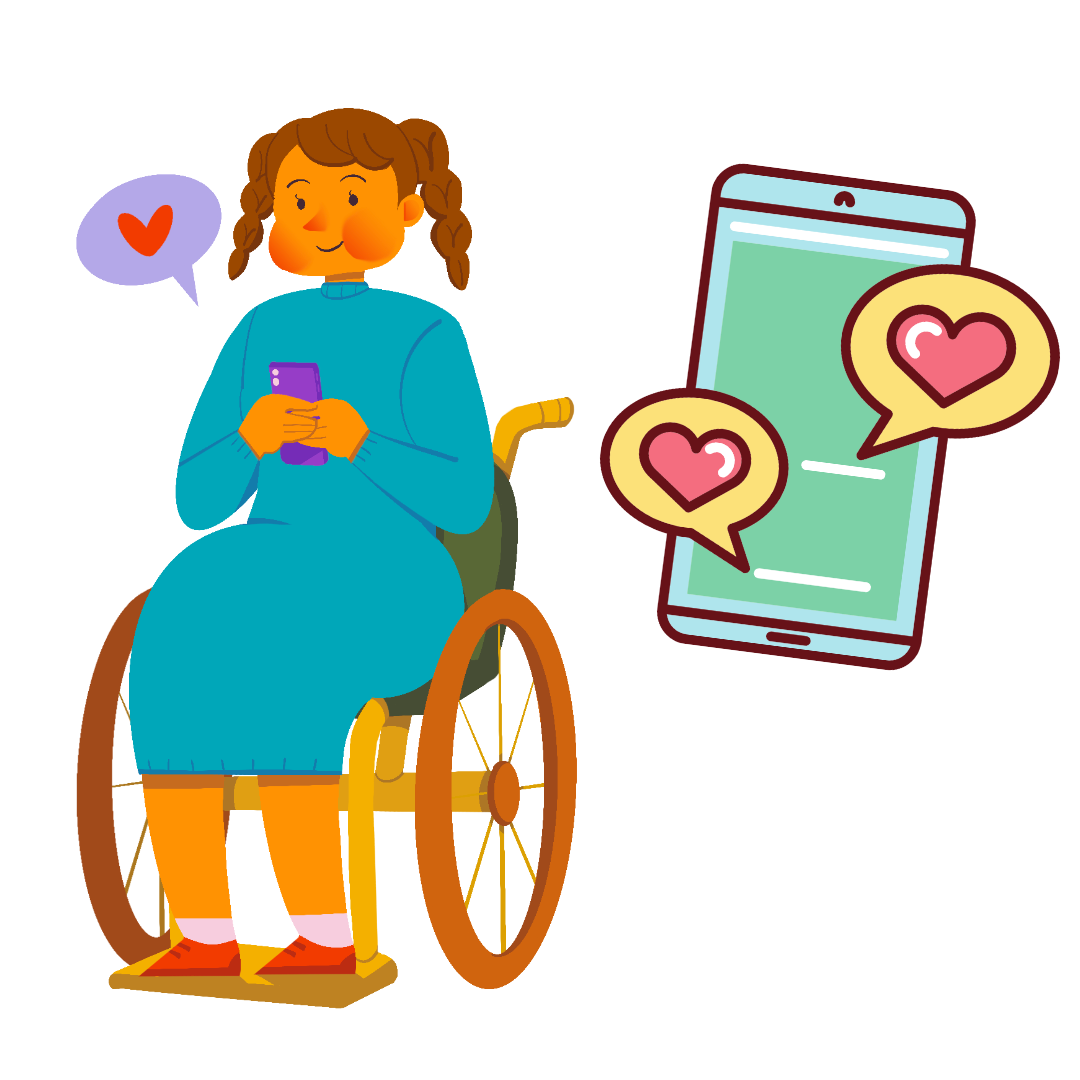 Graphic depicting a female seated in a wheelchair holding a mobile phone with a heart emoji beside her